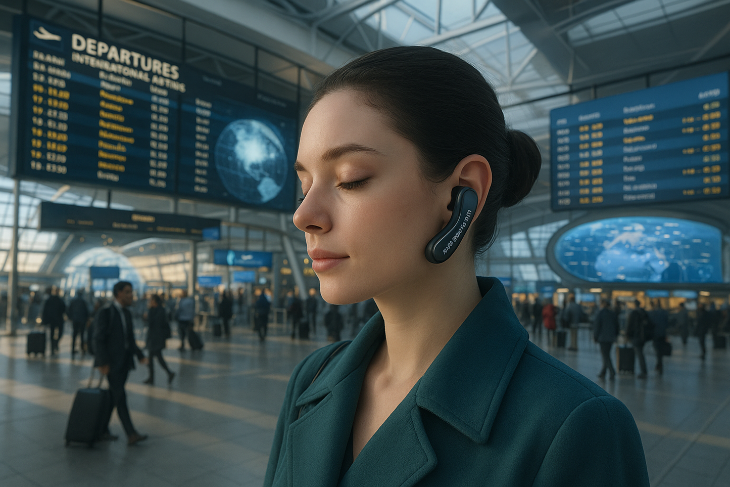 Auriculares en aeropuerto futurista