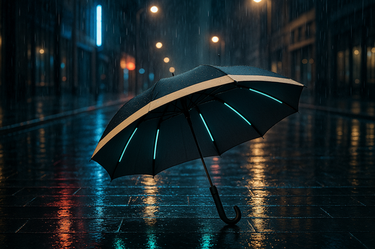 Paraguas en calle urbana nocturna