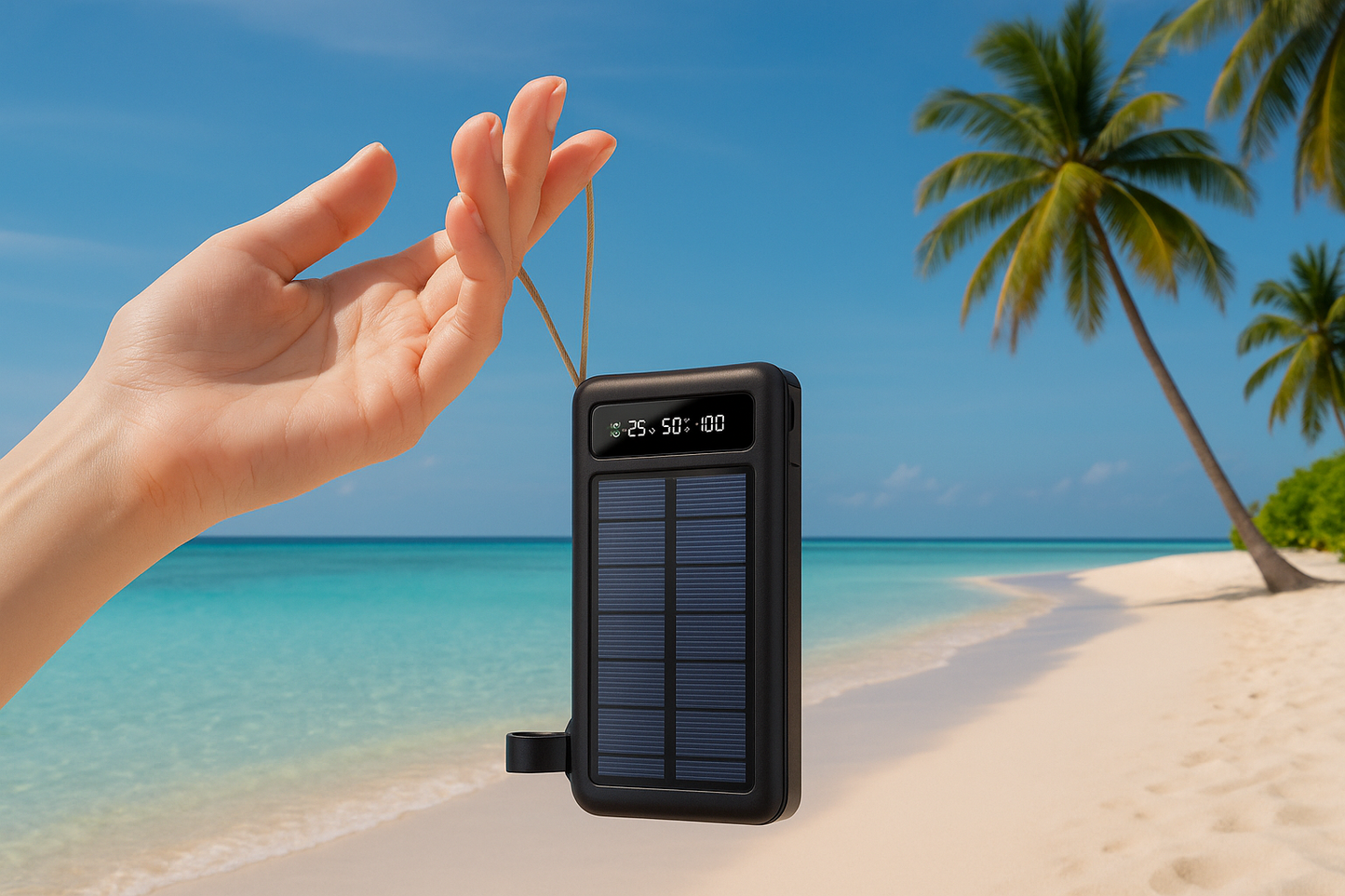 Power bank en playa tropical
