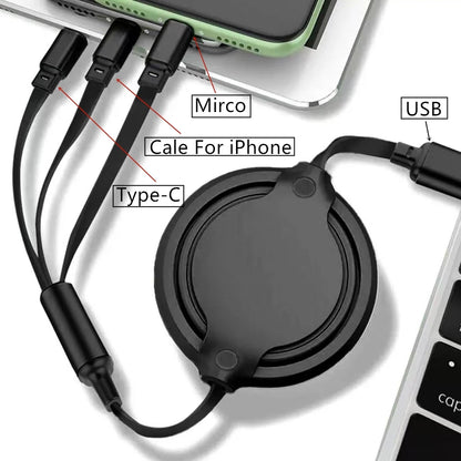 Cable 3 en 1 Retráctil USB Rápido (iPhone / Tipo-C / Micro USB