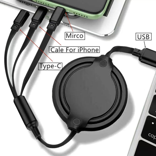 Cable 3 en 1 Retráctil USB Rápido (iPhone / Tipo-C / Micro USB