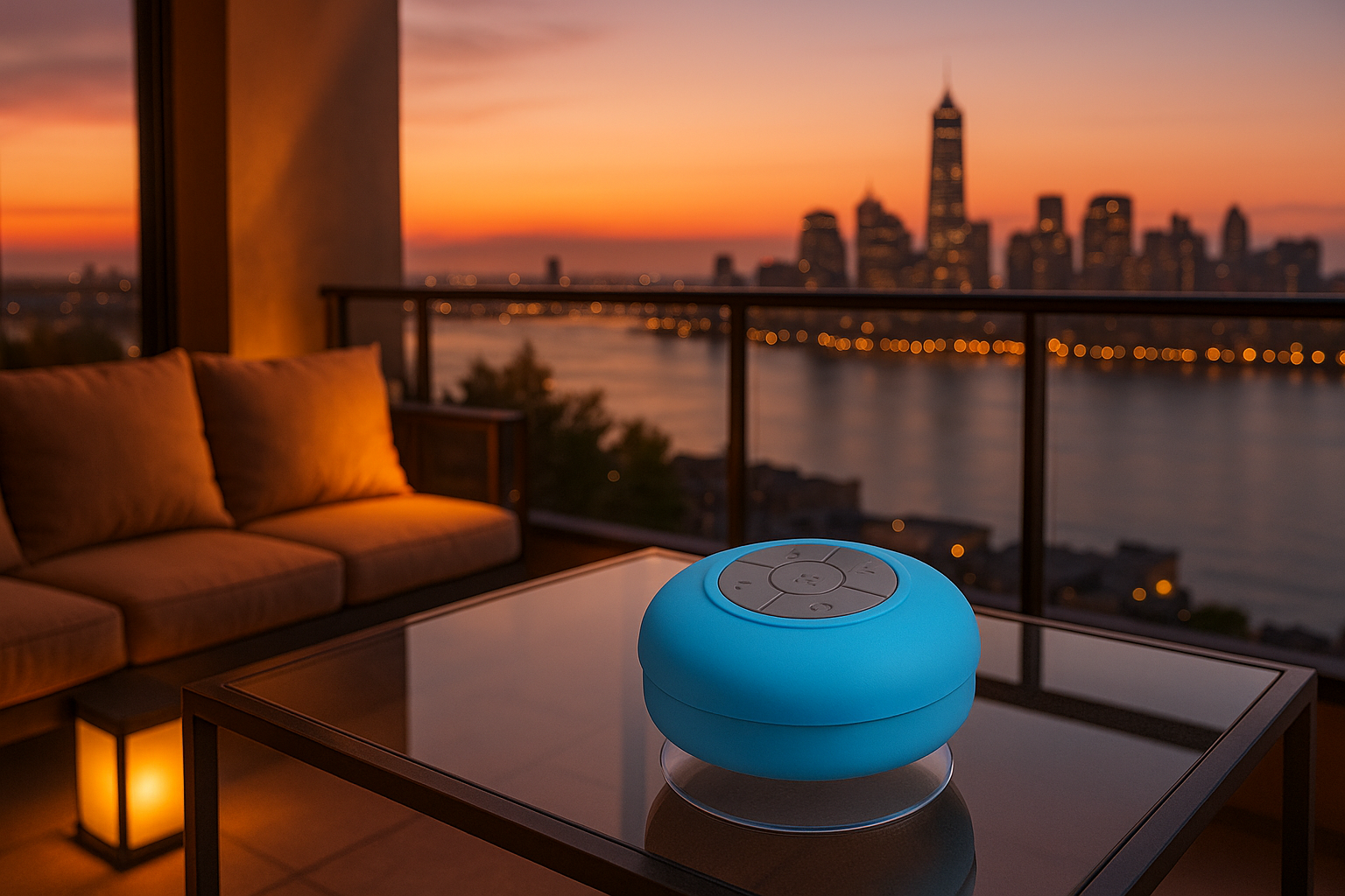 Altavoz en terraza al atardecer