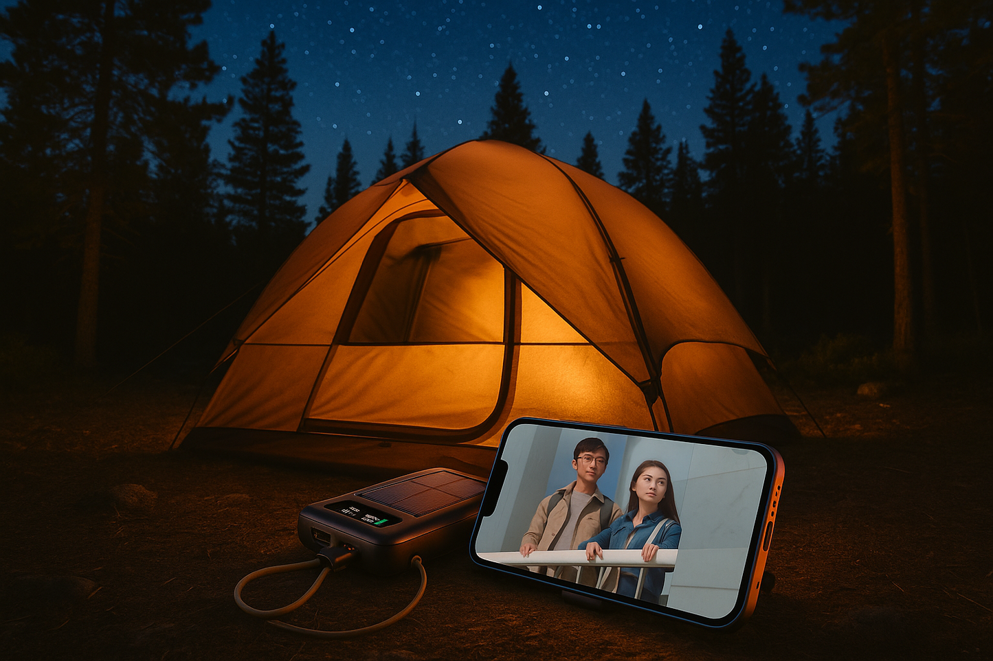 Banco de energía en camping nocturno