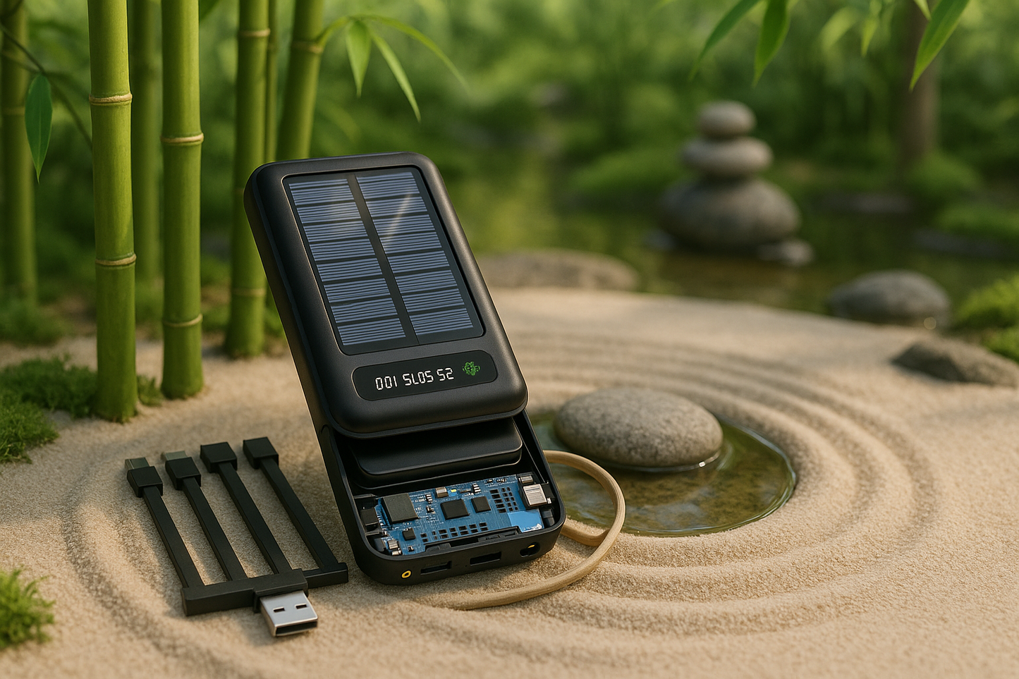 Banco de energía en jardín zen