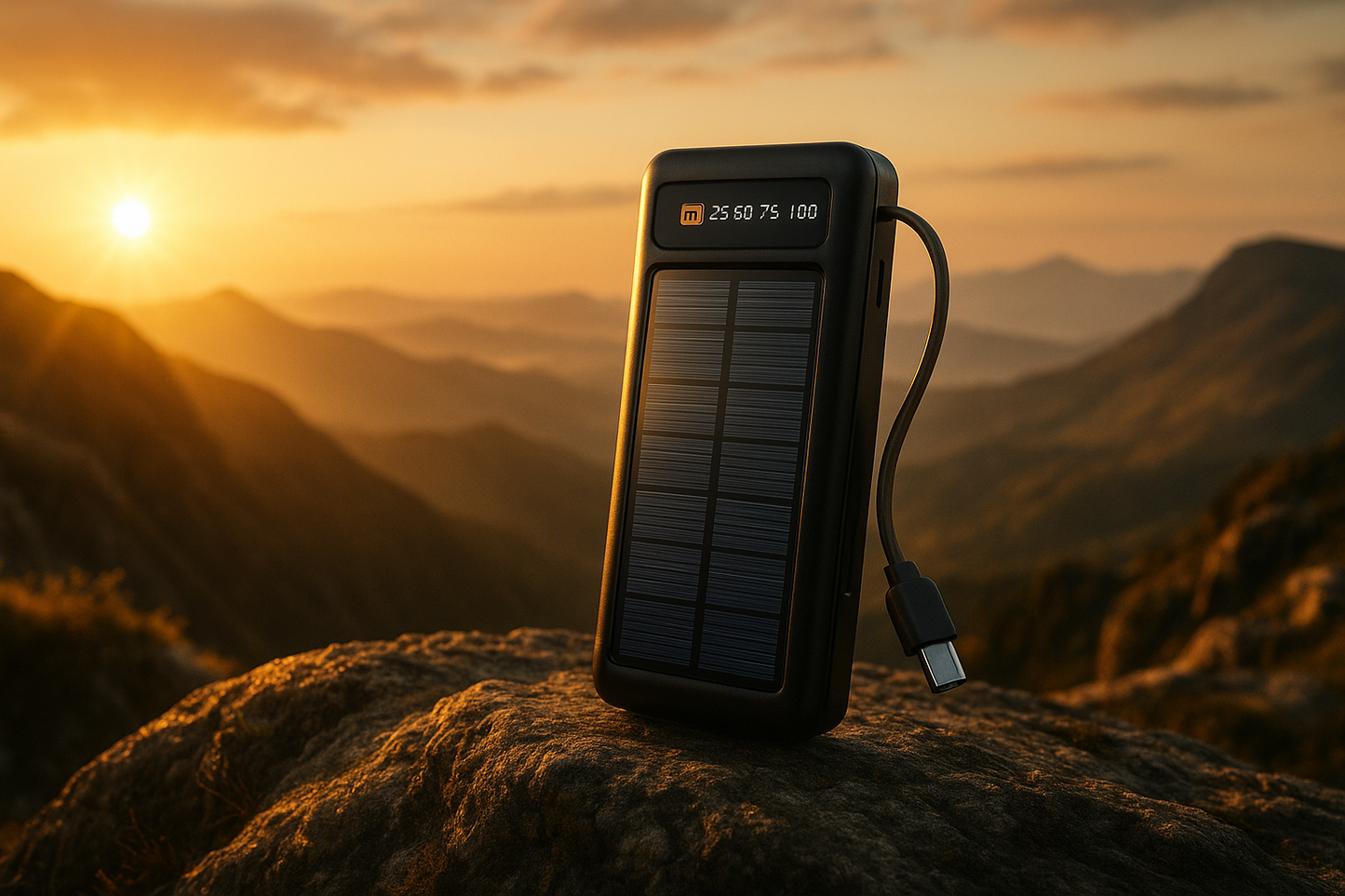 Banco de energía en montaña al amanecer