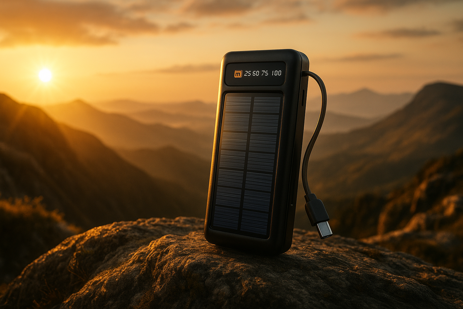 Banco de energía en montaña al amanecer